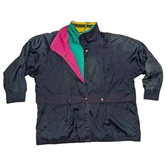 Vintage 80s Nuage Multicolour Navy Yellow Pink  Wind Breaker Jacket Size 44 3XL - Picture 2 of 16